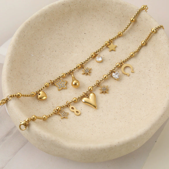 Wholesale Women's Geometric Stainless Steel 18K Electroplated Love Heart Star Beaded Bracelet Highend Jewelry