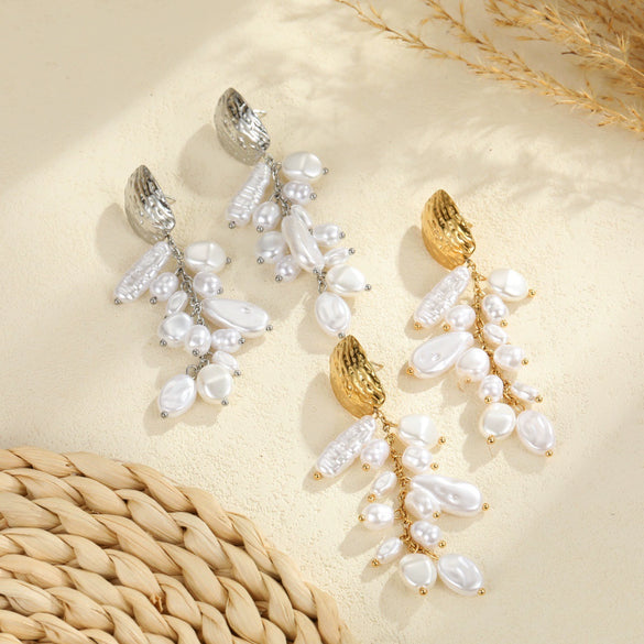 Wholesale Women's Geometric Stainless Steel 18K Electroplated Pearl Tassel Earrings Fashion Jewelry