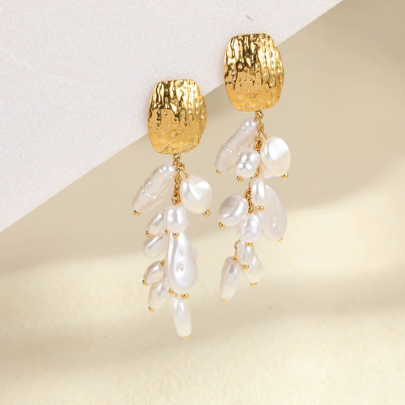 Wholesale Women's Geometric Stainless Steel 18K Electroplated Pearl Tassel Earrings Fashion Jewelry