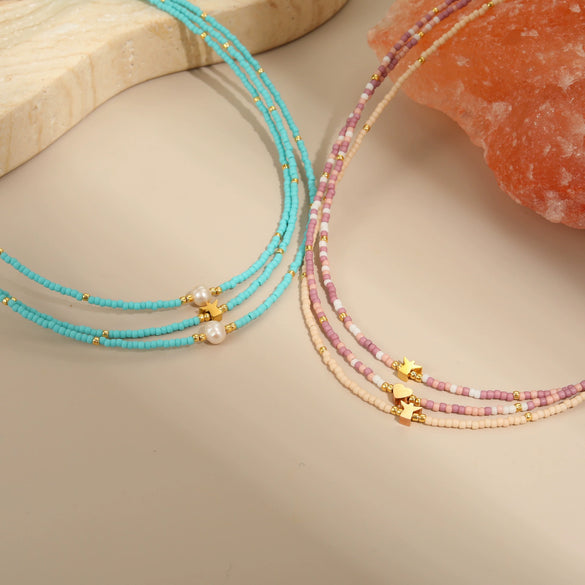 Wholesale Women's Geometric Stainless Steel 18K Gold Electroplated Beaded Necklace