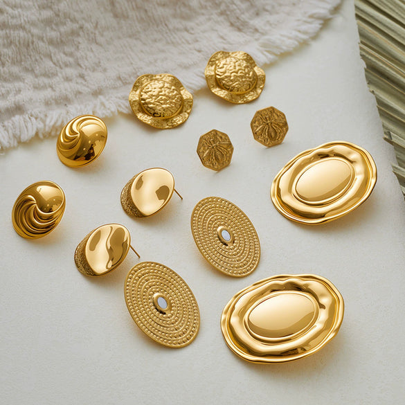 Wholesale Women's Geometric Stainless Steel 18K Gold Electroplated Hammered Texture Earrings