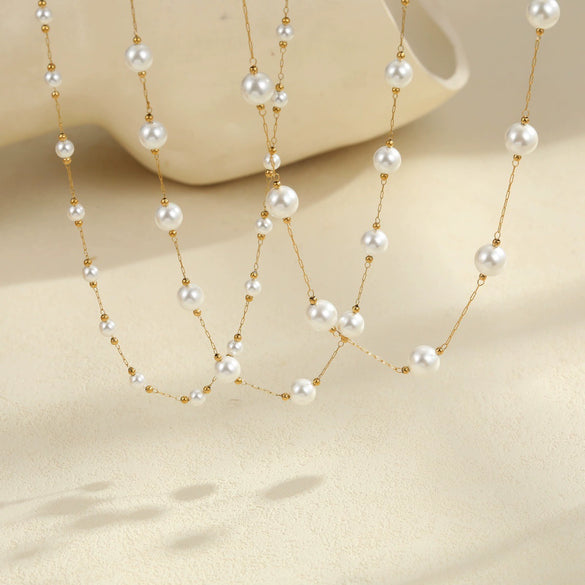 Wholesale Women's Geometric Stainless Steel 18K Gold Electroplated Pearl Clavicle Chain Choker Necklace