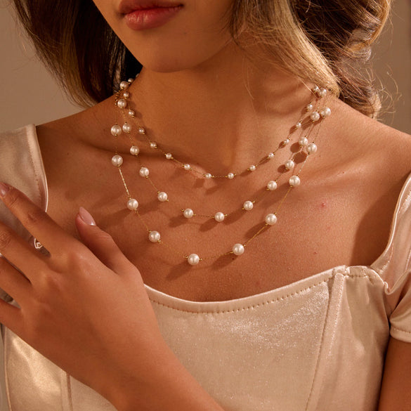Wholesale Women's Geometric Stainless Steel 18K Gold Electroplated Pearl Clavicle Chain Choker Necklace