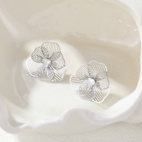 Wholesale Women's Geometric Stainless Steel 18K Gold Electroplated Threedimensional Hollow Flower Stud Earrings