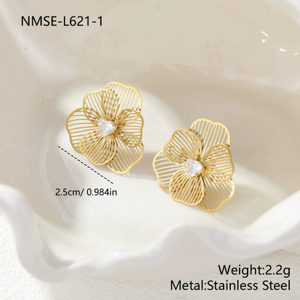 Wholesale Women's Geometric Stainless Steel 18K Gold Electroplated Threedimensional Hollow Flower Stud Earrings