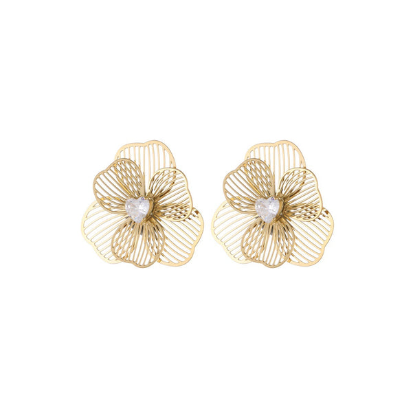 Wholesale Women's Geometric Stainless Steel 18K Gold Electroplated Threedimensional Hollow Flower Stud Earrings