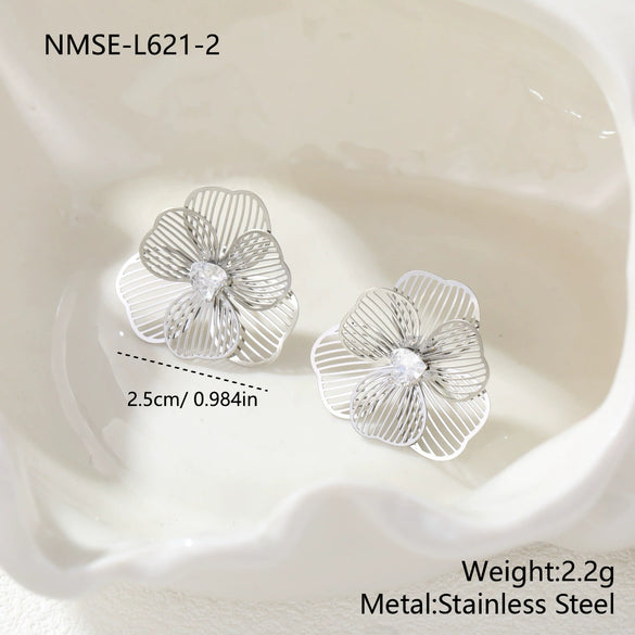 Wholesale Women's Geometric Stainless Steel 18K Gold Electroplated Threedimensional Hollow Flower Stud Earrings