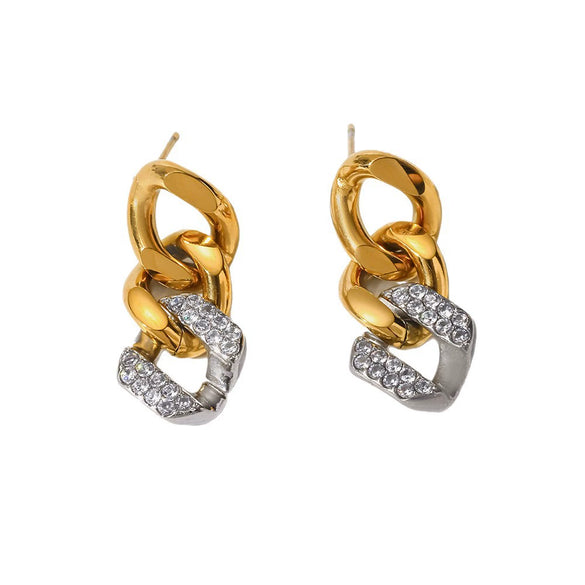 Wholesale Women's Geometric Stainless Steel 18K Gold Plated Diamond Studded Earrings Fashion Accessories
