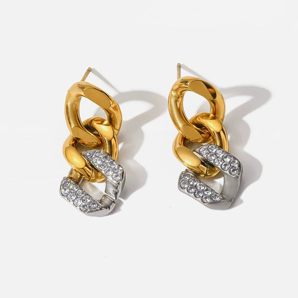 Wholesale Women's Geometric Stainless Steel 18K Gold Plated Diamond Studded Earrings Fashion Accessories