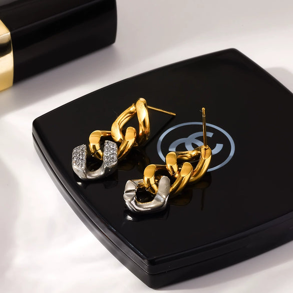 Wholesale Women's Geometric Stainless Steel 18K Gold Plated Diamond Studded Earrings Fashion Accessories
