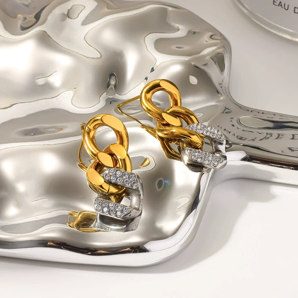 Wholesale Women's Geometric Stainless Steel 18K Gold Plated Diamond Studded Earrings Fashion Accessories