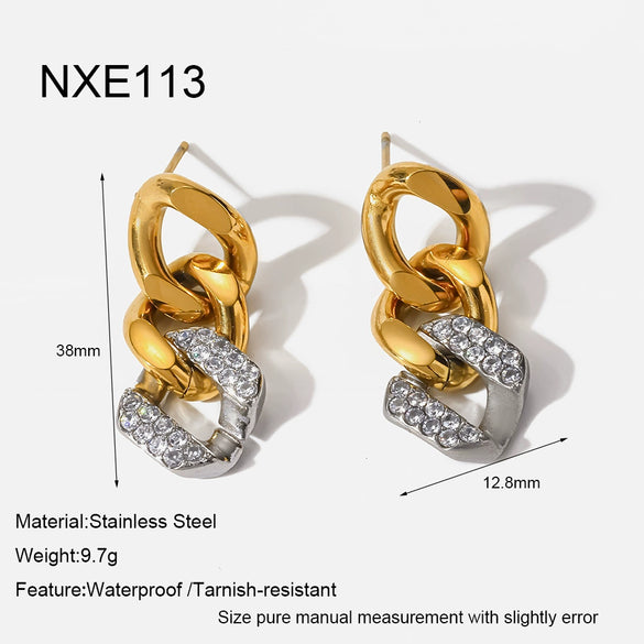 Wholesale Women's Geometric Stainless Steel 18K Gold Plated Diamond Studded Earrings Fashion Accessories
