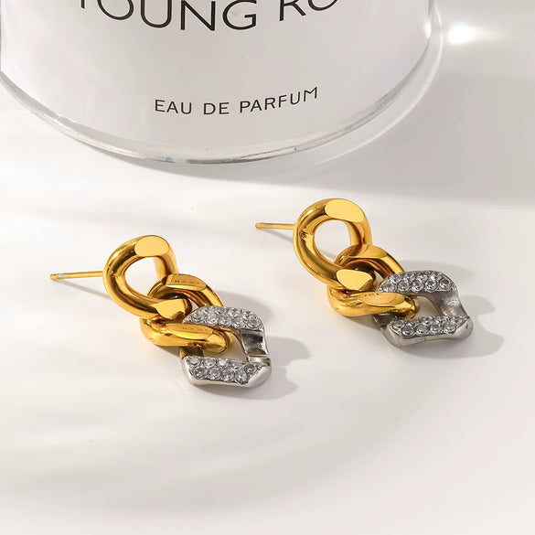 Wholesale Women's Geometric Stainless Steel 18K Gold Plated Diamond Studded Earrings Fashion Accessories