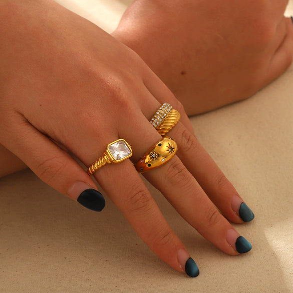 Wholesale Women's Geometric Stainless Steel 18K Gold Plated Double Ring Set With Pearls