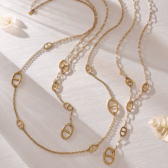 Wholesale Women's Geometric Stainless Steel 18K Gold Plated Doublelayered Yshaped Long Sweater Chain Necklace