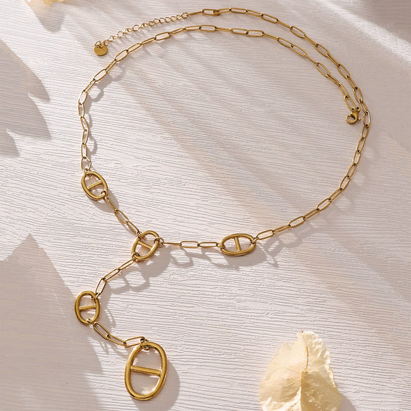 Wholesale Women's Geometric Stainless Steel 18K Gold Plated Doublelayered Yshaped Long Sweater Chain Necklace