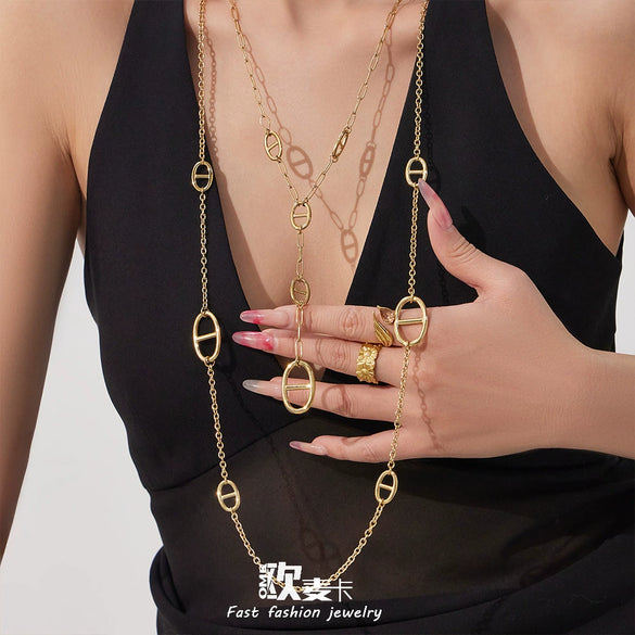 Wholesale Women's Geometric Stainless Steel 18K Gold Plated Doublelayered Yshaped Long Sweater Chain Necklace