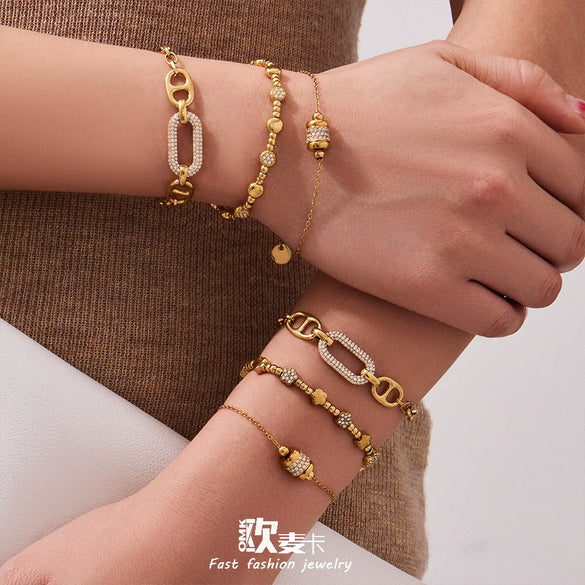Wholesale Women's Geometric Stainless Steel 18K Gold Plated Microinlaid Bracelet Set Fashionable Minimalist Style