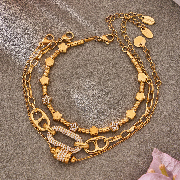 Wholesale Women's Geometric Stainless Steel 18K Gold Plated Microinlaid Bracelet Set Fashionable Minimalist Style