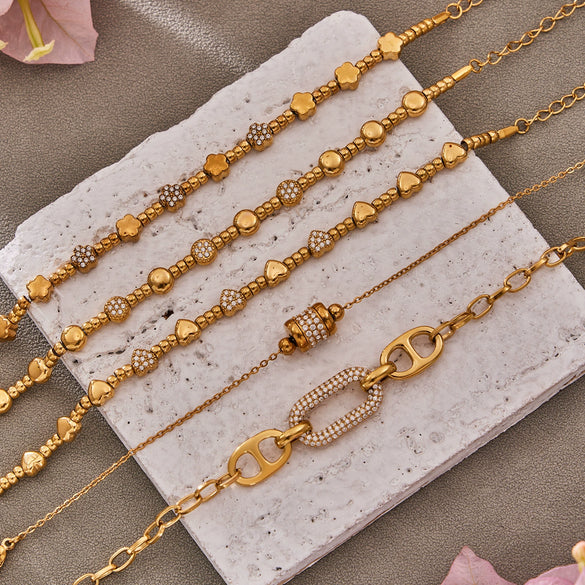 Wholesale Women's Geometric Stainless Steel 18K Gold Plated Microinlaid Bracelet Set Fashionable Minimalist Style