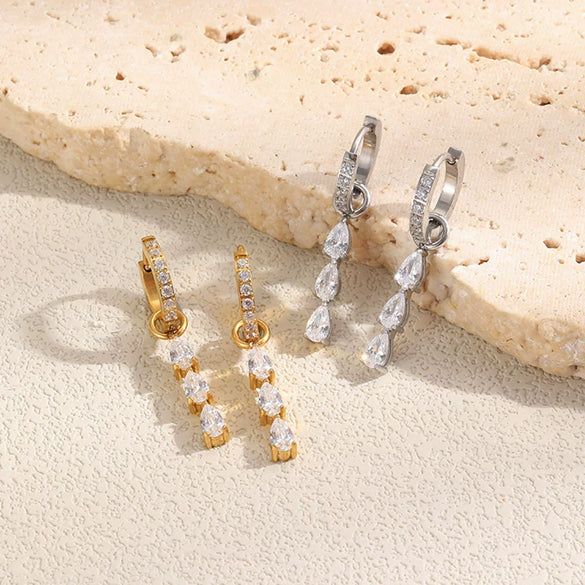 Wholesale Women's Geometric Stainless Steel 18K Gold Plated Microinlaid Water Drop Ear Clips Earrings