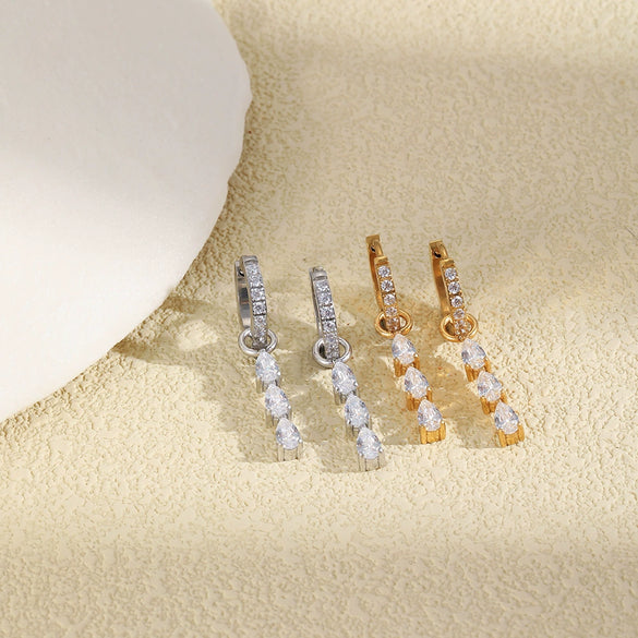 Wholesale Women's Geometric Stainless Steel 18K Gold Plated Microinlaid Water Drop Ear Clips Earrings