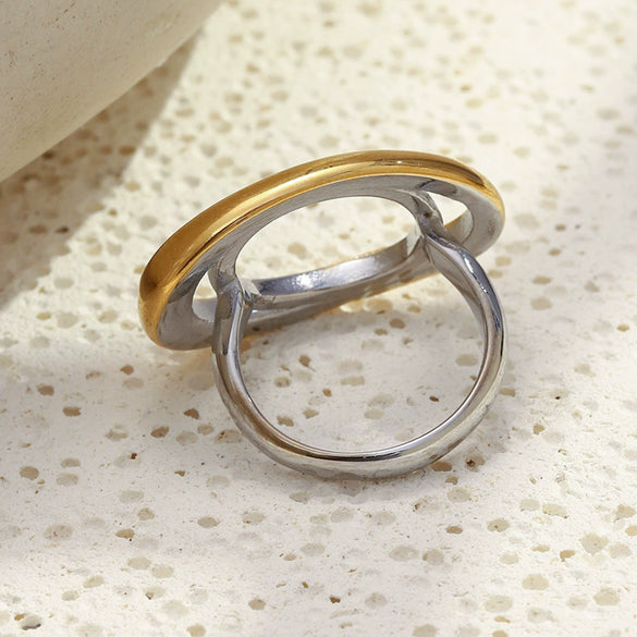 Wholesale Women's Geometric Stainless Steel 18K Gold Plated Oval Double Ring Hand Jewelry Light Luxury Style