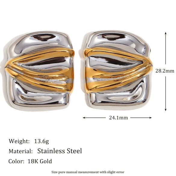 Wholesale Women's Geometric Stainless Steel 18K Gold Plated Rectangular Double Color Irregular Pleated Earrings