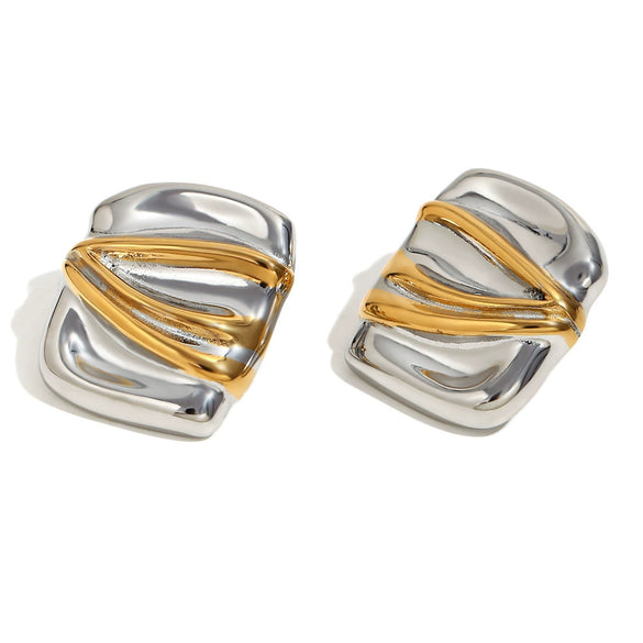 Wholesale Women's Geometric Stainless Steel 18K Gold Plated Rectangular Double Color Irregular Pleated Earrings