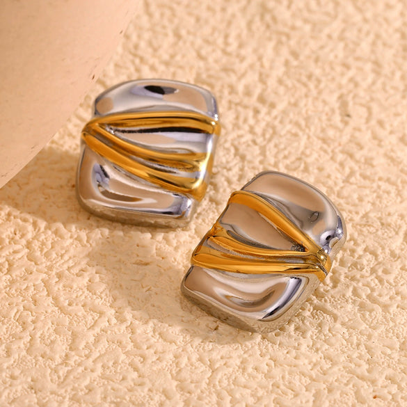 Wholesale Women's Geometric Stainless Steel 18K Gold Plated Rectangular Double Color Irregular Pleated Earrings