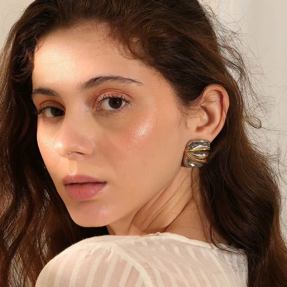 Wholesale Women's Geometric Stainless Steel 18K Gold Plated Rectangular Double Color Irregular Pleated Earrings