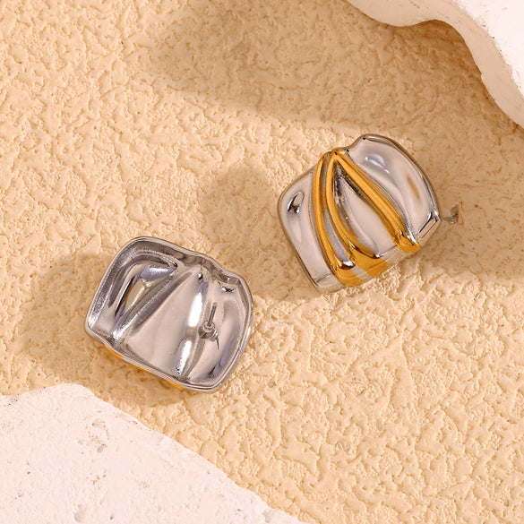 Wholesale Women's Geometric Stainless Steel 18K Gold Plated Rectangular Double Color Irregular Pleated Earrings