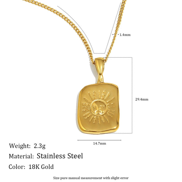 Wholesale Women's Geometric Stainless Steel 18K Gold Plated Sun Face Pendant Necklace With O Word Chain Light Luxury Style