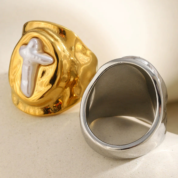 Wholesale Women's Geometric Stainless Steel 18K Goldplated Cross Oval Ring Jewelry Accessories