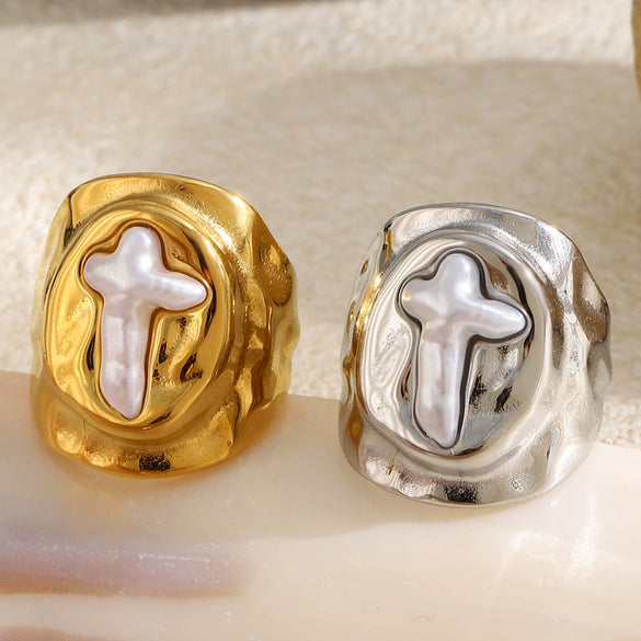 Wholesale Women's Geometric Stainless Steel 18K Goldplated Cross Oval Ring Jewelry Accessories