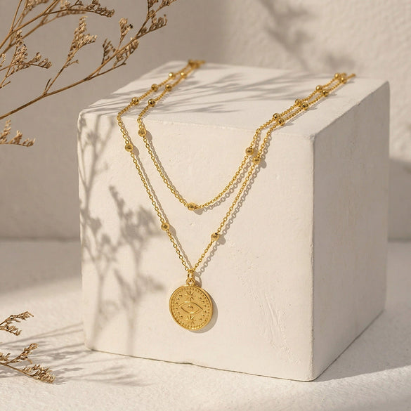 Wholesale Women's Geometric Stainless Steel 18K Goldplated Doublelayered Round Pendant Necklace With Minimalist Design