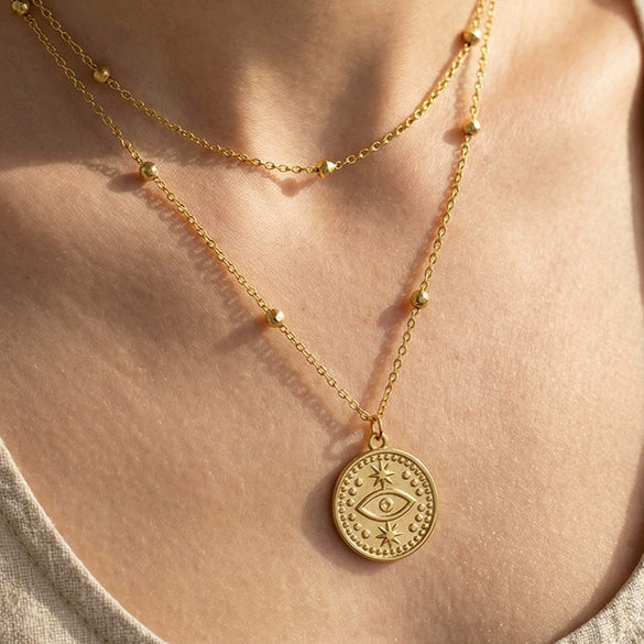 Wholesale Women's Geometric Stainless Steel 18K Goldplated Doublelayered Round Pendant Necklace With Minimalist Design