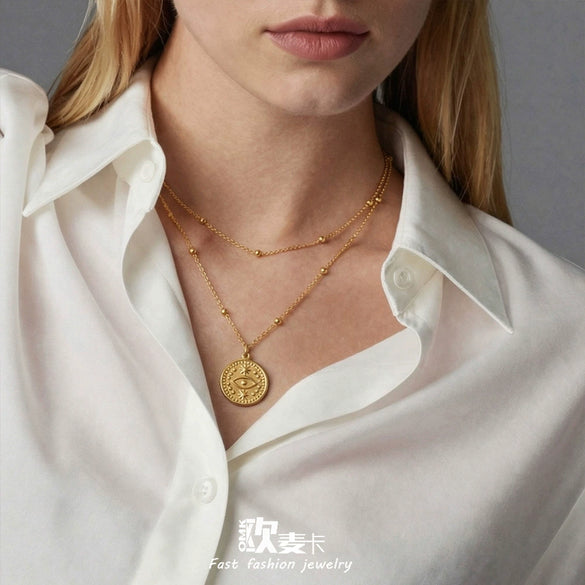 Wholesale Women's Geometric Stainless Steel 18K Goldplated Doublelayered Round Pendant Necklace With Minimalist Design