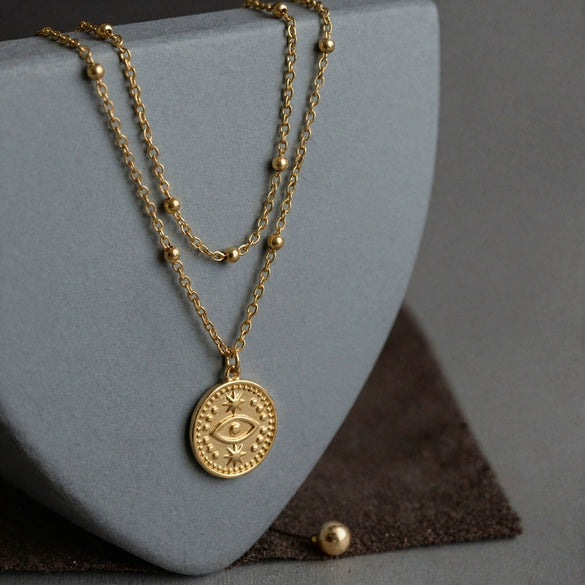 Wholesale Women's Geometric Stainless Steel 18K Goldplated Doublelayered Round Pendant Necklace With Minimalist Design