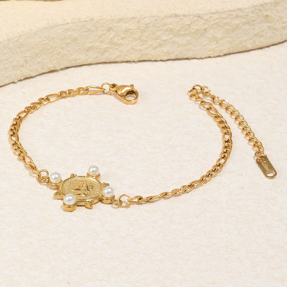 Wholesale Women's Geometric Stainless Steel 18K Goldplated Figaro Chain Queen Coin Bracelet