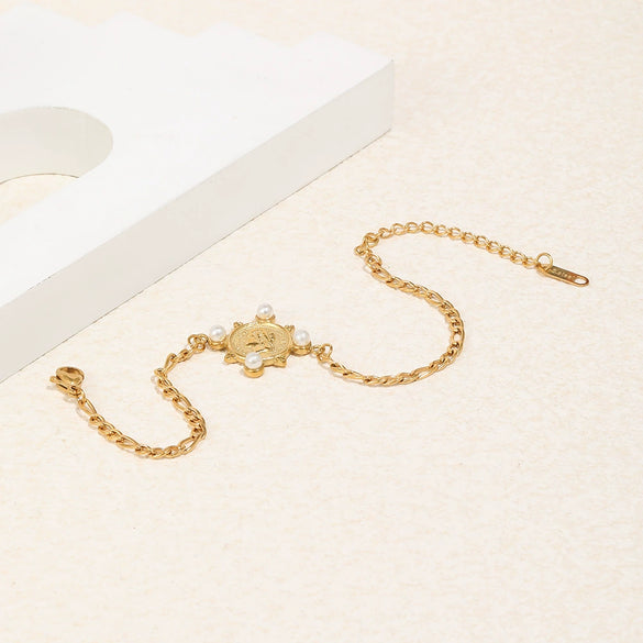Wholesale Women's Geometric Stainless Steel 18K Goldplated Figaro Chain Queen Coin Bracelet