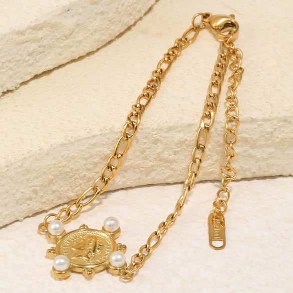 Wholesale Women's Geometric Stainless Steel 18K Goldplated Figaro Chain Queen Coin Bracelet