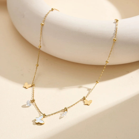 Wholesale Women's Geometric Stainless Steel 18K Goldplated Necklace With Butterfly Design And Diamond Inlay And Calendering Chain