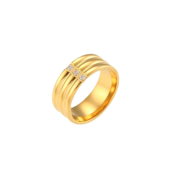 Wholesale Women's Geometric Stainless Steel 18K Goldplated Three Arc Face Three Diamond Ring Jewelry
