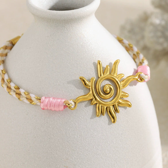 Wholesale Women's Geometric Stainless Steel 18K Goldplated Woven Rope Sun Pendant Bracelet Jewelry