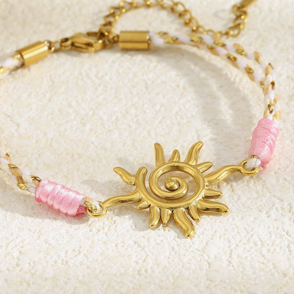 Wholesale Women's Geometric Stainless Steel 18K Goldplated Woven Rope Sun Pendant Bracelet Jewelry