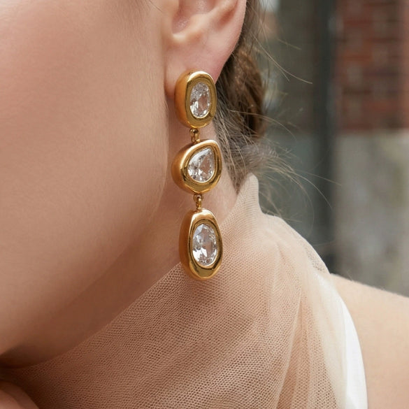 Wholesale Women's Geometric Stainless Steel 18K Goldplated Zircon Spliced Tassel Earrings