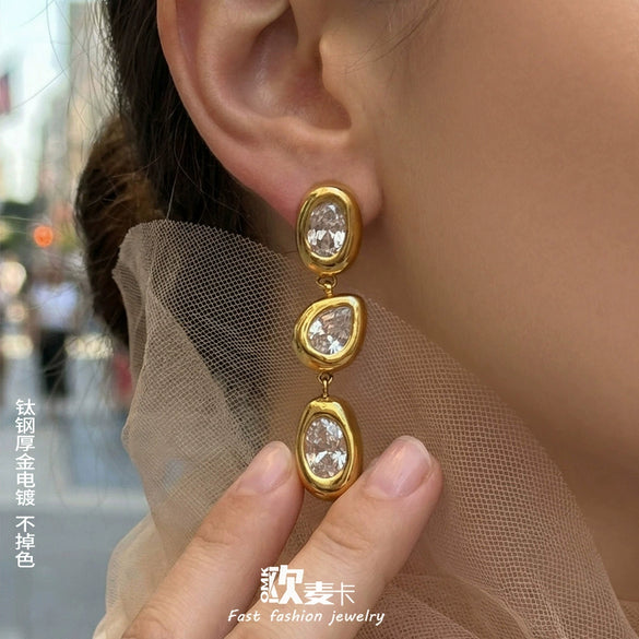 Wholesale Women's Geometric Stainless Steel 18K Goldplated Zircon Spliced Tassel Earrings