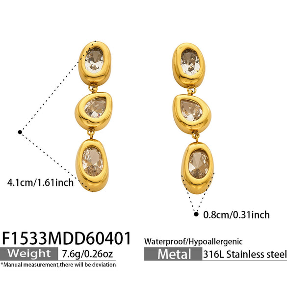 Wholesale Women's Geometric Stainless Steel 18K Goldplated Zircon Spliced Tassel Earrings
