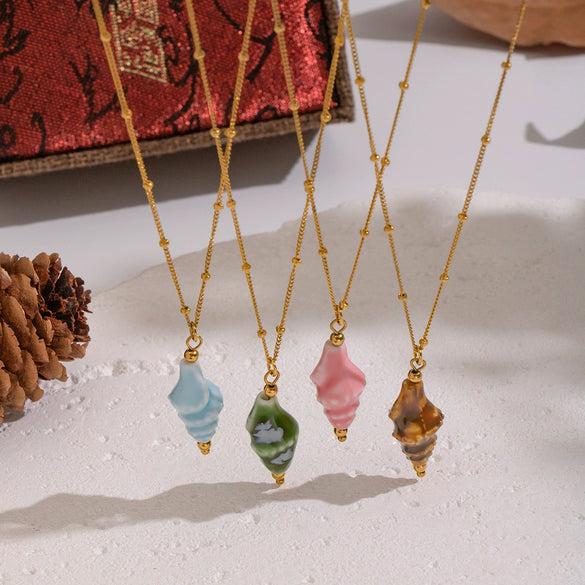 Wholesale Women's Geometric Stainless Steel 18K Real Gold Plated Bead Chain Pendant Necklace With Pvd Furnace Vacuum Real Gold Plating